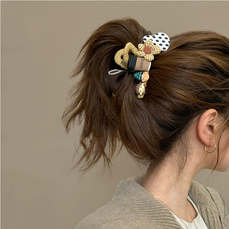 Polka dot coffee! Cute butterflies! Grab clip girl's new headwear cartoon premium sense hair hairpin on the back of the head