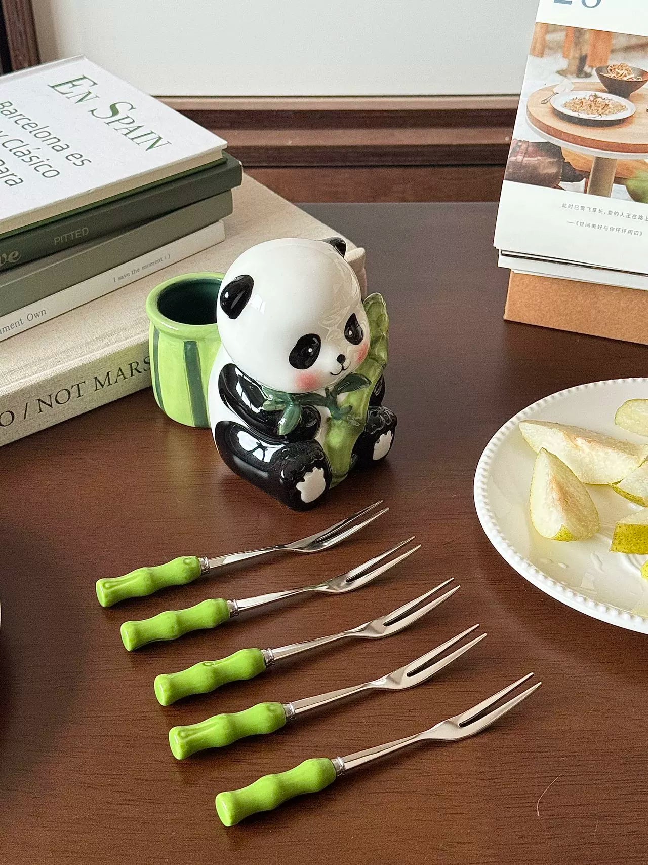 Chenxu tableware ceramic panda 304 stainless steel bamboo fruit fork living room dessert cake stick bow