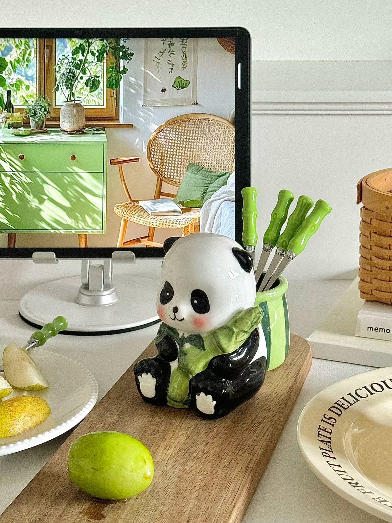 Chenxu tableware ceramic panda 304 stainless steel bamboo fruit fork living room dessert cake stick bow