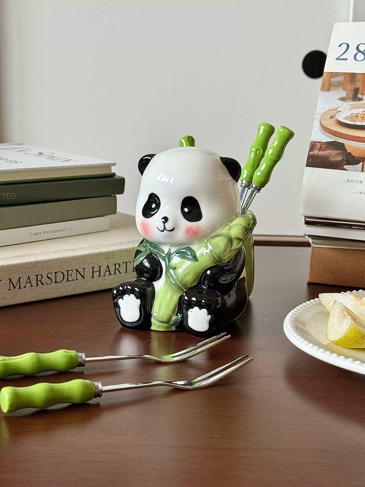Chenxu tableware ceramic panda 304 stainless steel bamboo fruit fork living room dessert cake stick bow