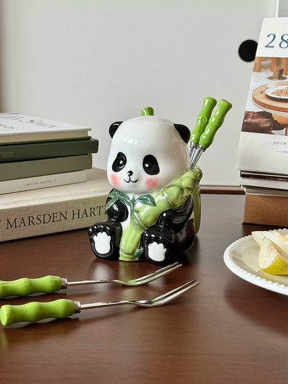 Chenxu tableware ceramic panda 304 stainless steel bamboo fruit fork living room dessert cake stick bow