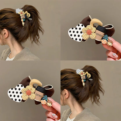 Polka dot coffee! Cute butterflies! Grab clip girl's new headwear cartoon premium sense hair hairpin on the back of the head