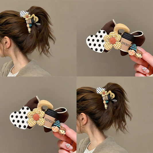 Polka dot coffee! Cute butterflies! Grab clip girl's new headwear cartoon premium sense hair hairpin on the back of the head