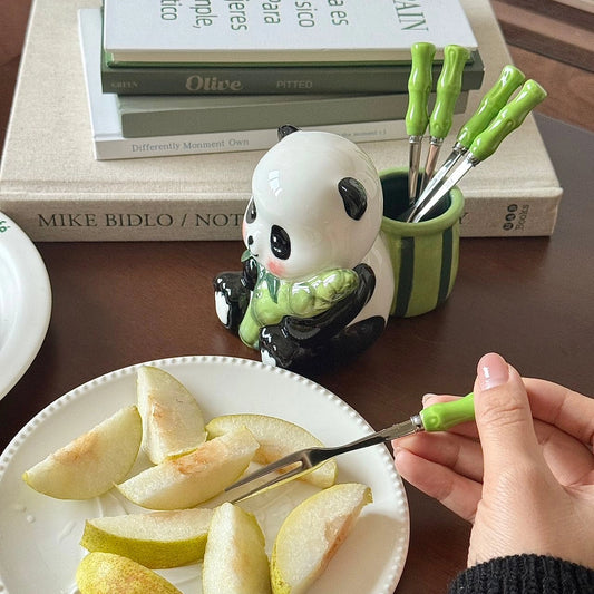 Chenxu tableware ceramic panda 304 stainless steel bamboo fruit fork living room dessert cake stick bow